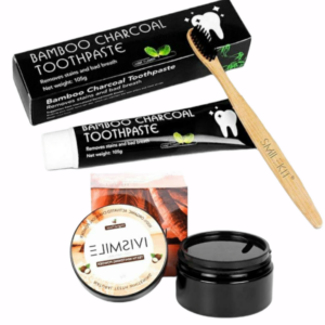 Set albire si intretinere dentara, Pudra organica cu aroma de cocos din carbune activat, natural 100%, Periuta ecologica si pasta de dinti din carbune activ, 105g