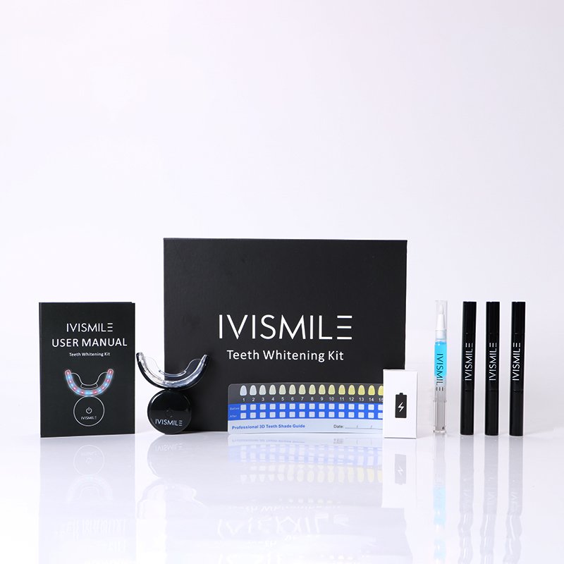 Set pentru albirea dintilor, IVISMILE VIP, aparat profesional cu LED, creioane cu gel pentru albire, gutiera, Negru