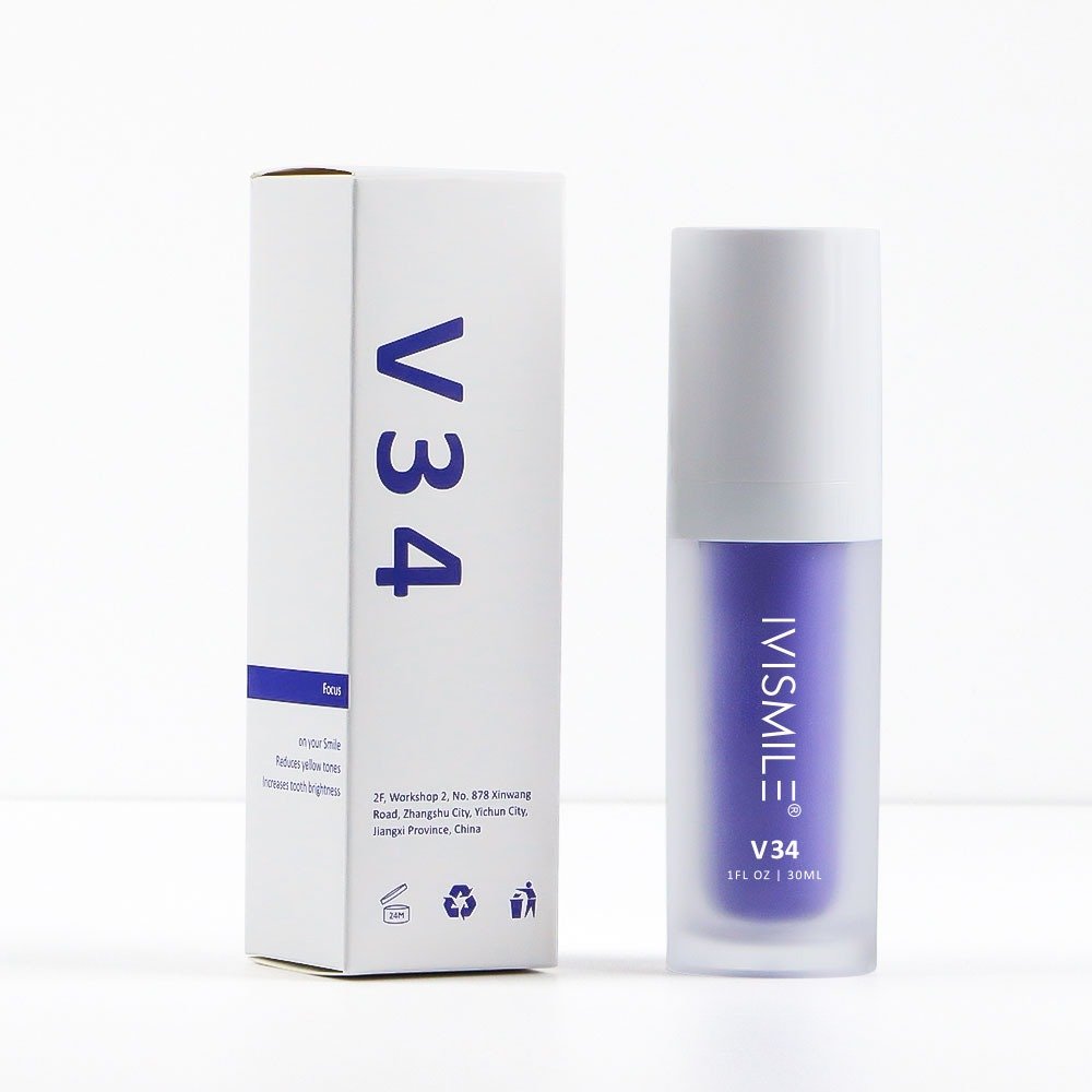 Corector de culoare dentara pasta de dinti V34 IVISMILE, Mov, Curatare completa, Elimina petele, Improspateaza respiratia, Repara gingiile, Previne caria, 30ml